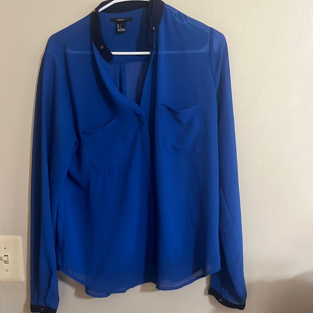 Forever 21 blouse large top blue pockets Womens